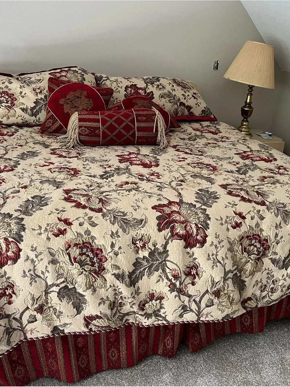 Belle Fleur Comforter Set in Beige and Burgundy- reversible w/ curtains to match